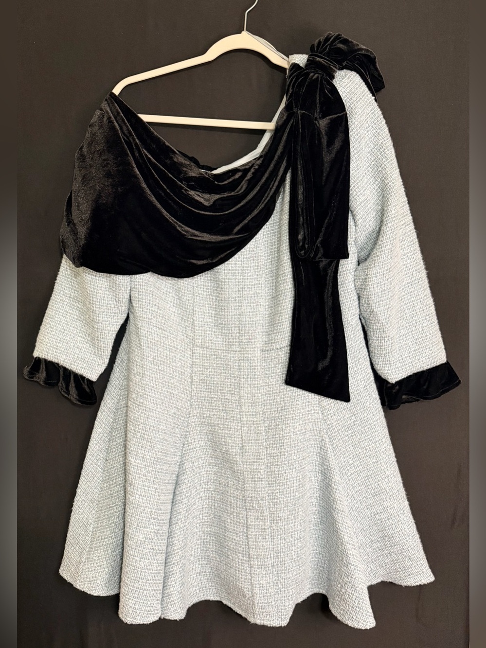 ASOS One-Shoulder Pale Blue Tweed Dress w/ Black Velvet Bow French style classy